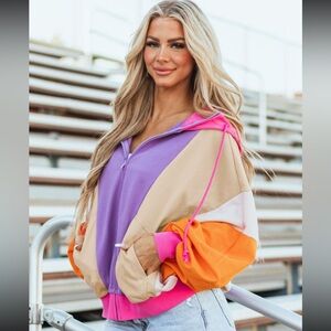 1103. ❄️Color block oversized hooded zip up jacket multi colors